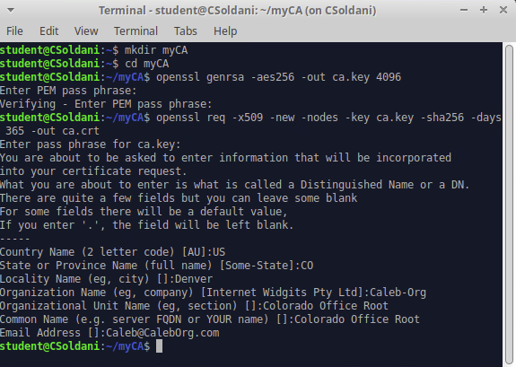 Terminal running openssl genrsa -aes256 -out ca.key 4096 and openssl req -x509 -new -nodes -key ca.key -sha256 -days 365
