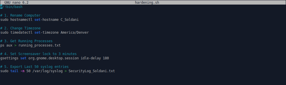 hardening.sh open in the nano editor