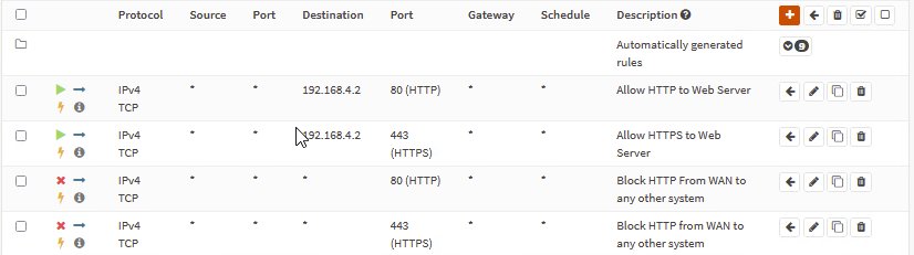OPNsense rule list showing two allow rules to 192.168.4.2 on ports 80 and 443 and two block rules for the same ports to any destination